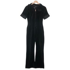 VTG Y2K ECKO Velour Hooded Jumpsuit Women's S Black S/S Zip Up Romper Streetwear